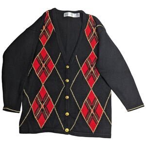 Vtg 1980s Robert Scott Black Red Argyle Wool Blend Button Up V-Neck Cardigan M